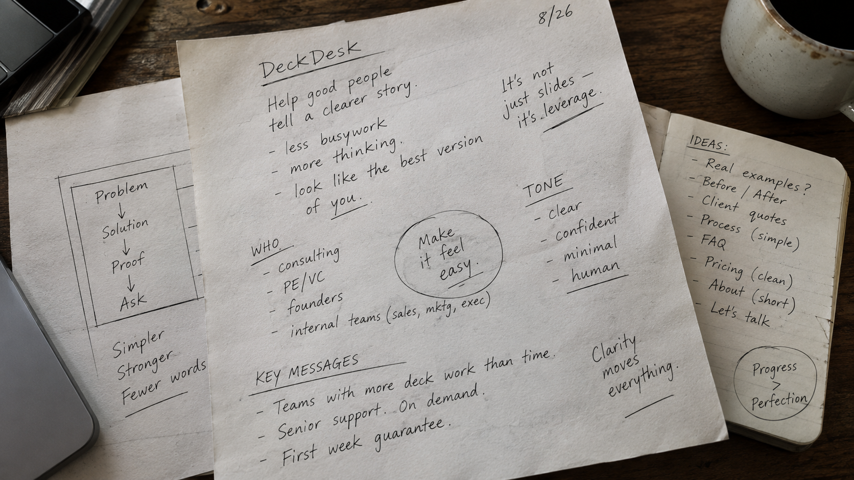 DeckDesk process notes — story flow, slide structure, and thinking behind the work